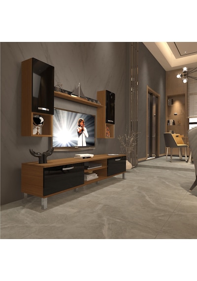 Decoraktiv Eko 5da Mdf Dvd Krom Ayaklı Tv Ünitesi Tv Sehpası Ceviz - Siyah