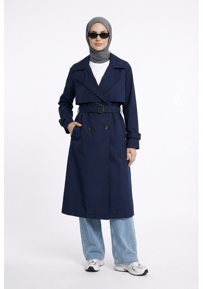 Armine Trend Beli Kemerli Allerli Trençkot Lacivert 26yt711