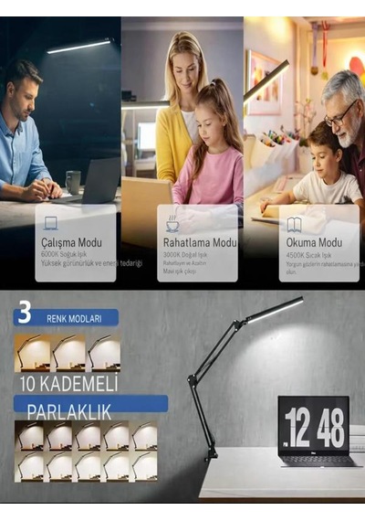 Led Masa Lambası 3 Renk Modlu Usb Beslemeli Kelepçeli Çalışma Lambası Siyah