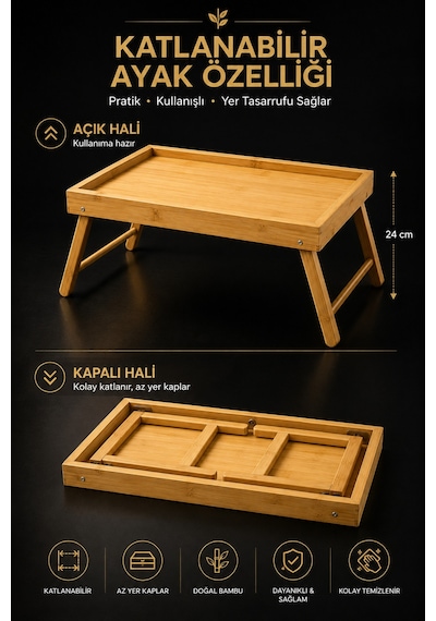 Katlanabilir Bambu Keyif Tepsisi Ayaklı Yatak Kahvaltı Tepsisi, Laptop Ve Çalışma Sehpası 44,5 27 20 Cm Bej