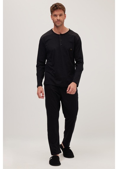 Tudors Erkek Standart Fit Normal Kesim %100 Pamuk Bisiklet Yaka Beli Lastikli Siyah Pijama Takımı-37947 Siyah