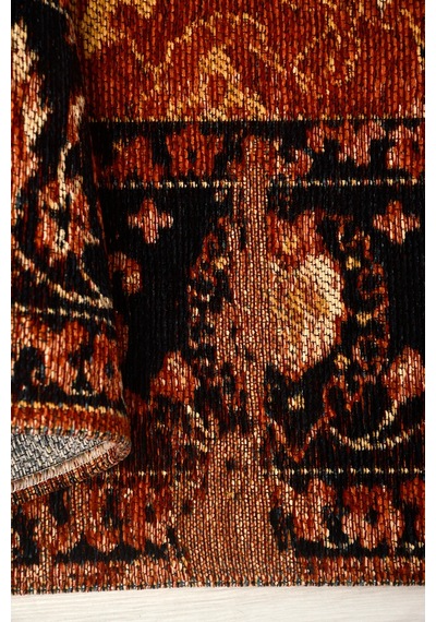 Narvi Nostaljik Kilim Saçaklı Robot Süpürge Uyumlu Oturma Odası Salon Kolay Temizlenebilir Pamuk Akrilik Hali Kiremit - Siyah
