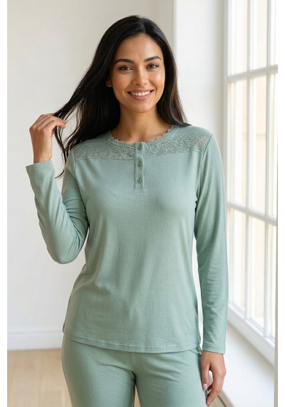 Aura Collections Kadın Dantelli Bambu Viskon Uzun Kollu Mevsimlik Soft Örme Pijama Takımı Yeşil