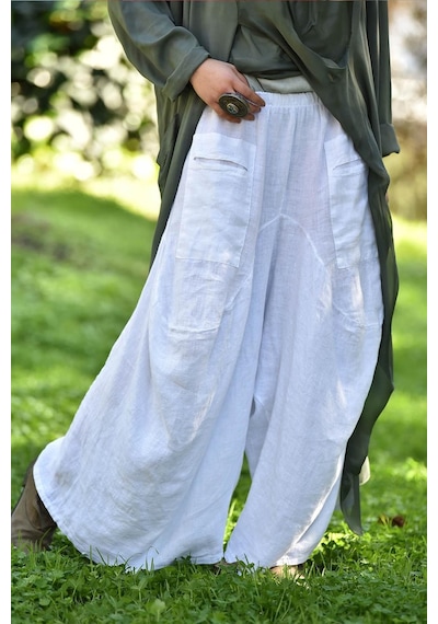 Bohem Stil İtalyan Cepli Keten Şalvar Pantolon Cmn00154 Beyaz