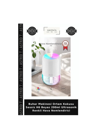 Buhar Makinesi Ortam Kokusu Sessiz H6 Beyaz 200ml Ultrasonik Renkli Hava Nemlendirici