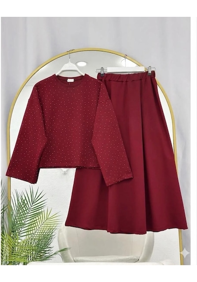 Lovie Moda Kadın Taş Baskılı İki İplik Penye Takım Bordo