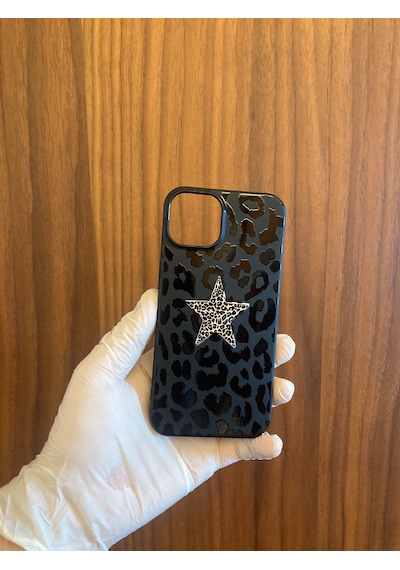 Apple iPhone Uyumlu 13/14 Leopar Baskılı İçi Kadife Silikon Telefon Kılıfı Siyah