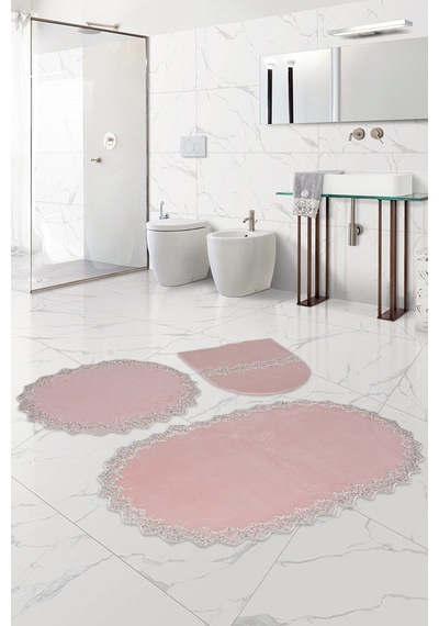 Bonny Home Venüs Pudra 3'lü Dantelli Banyo Paspası Seti Çeyizlik Pudra