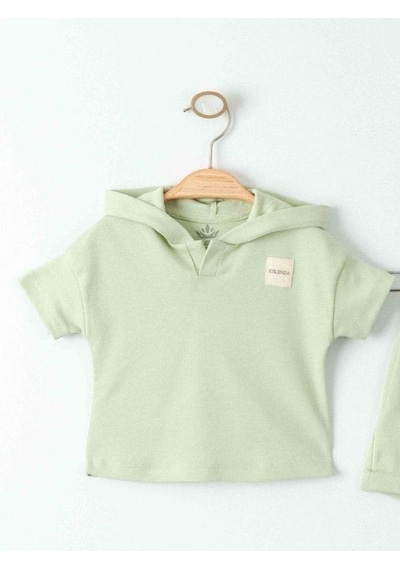 Zekids Bebek Organik Pamuklu Basic Kapüşonlu Tshirt Şortlu Takım-15908 Yesil