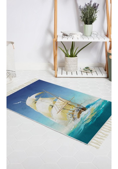 Banyo Halısı Dijital Baskılı Banyo Paspası 50x80 Polyester Kaymaz Tabanlı Duş Paspası Ship Beyaz - Siyah