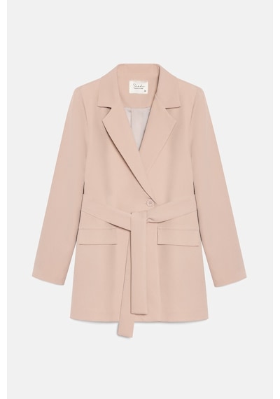 Sââde Kadın Tek Düğmeli Dokuma Kruvaze Blazer Ceket - Kuşaklı Taş