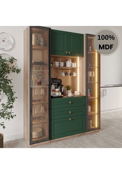 Afra Kahve Köşesi Dolabı %100 Mdf Temperli Cam Hazır Mutfak Dolabı Yeşil