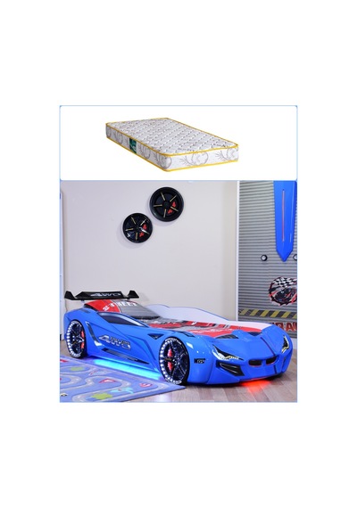 Arabalı Yatak, Mercedes Rüzgarlıklı Full Ledli Arabalı Yatak - Mavi + 1 Adet Comfort Yatak Arabalı Yatak, Mercedes Rüzgarlıklı Full Ledli Arabalı Yatak - Mavi + 1 Adet Comfort Yatak
