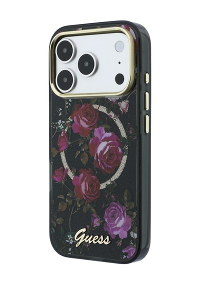 Apple iPhone 18 Pro Uyumlu Kılıf Guess Lisanslı M-safeli Gül Desenli Simli Yazı Logolu Kapak Siyah
