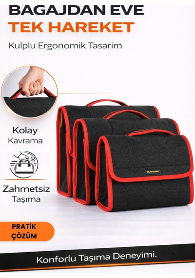 Oto Bagaj Organizer Bagaj Çantası 3'lü Kombo Kaymaz Cırt Bantlı Velur Kompakt - Siyah Kırmızı