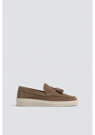 Püsküllü %100 Süet Loafer Bej