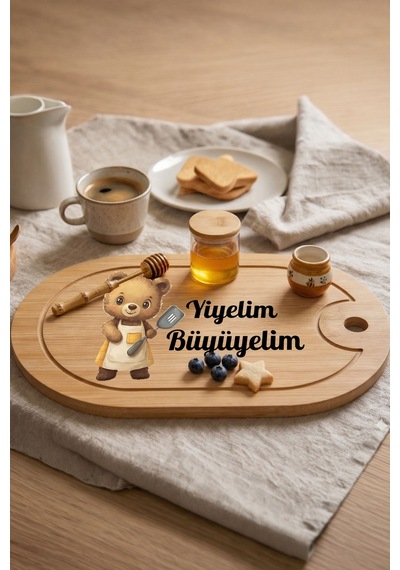 Sevimli Aşçı Ayıcık Temalı Kişiye Özel İsimli Bebek Kahvaltı Tepsisi