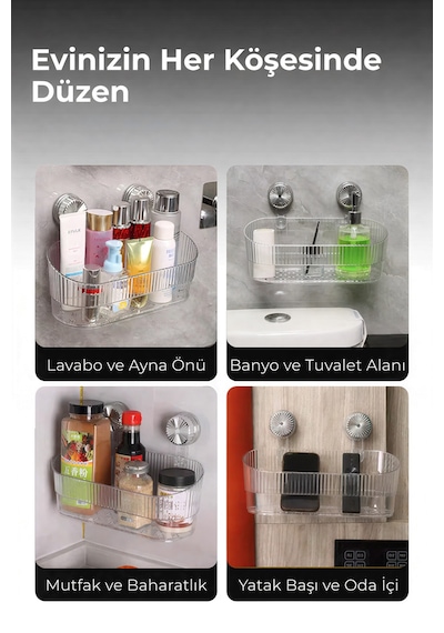 Siyah Vakumlu Şampuanlık & Baharatlık Rafı Delmeden Montajlı Duş Rafı Organizer, Banyo Düzenleyici Şeffaf - Gri