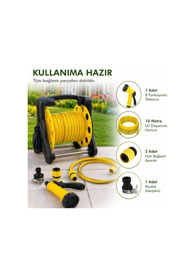 10 Metre Taşınabilir Makaralı Bahçe Hortum Seti, 8 Fonksiyonlu