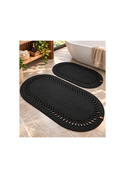 Oval Örgü Banyo Paspası Hasır Görünümlü Dekoratif Kaymaz Banyo Paspası 2 Adet Dekoratif Kutu Hediye Siyah Siyah
