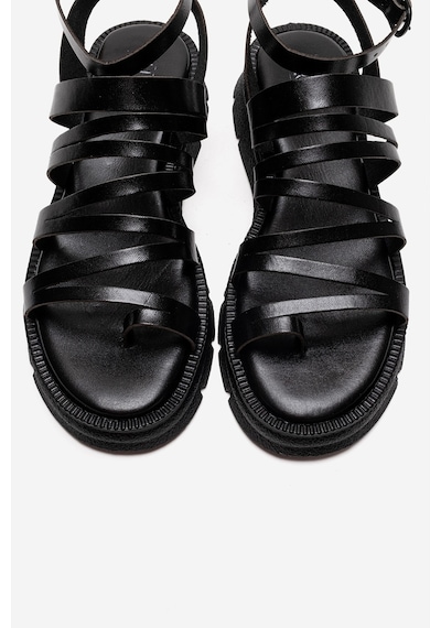 Luvishoes Elsa Siyah Hakiki Deri Çok Bantlı Kadın Parmak Arası Sandalet