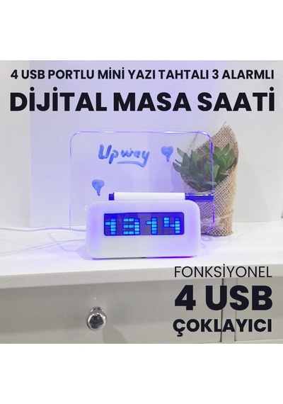 Upway 4 Adet Usb Çoklayıcı Not Panelli Dijital Masa Saati 3 Alarm Sıcaklık Takvim Doğum Günü Beyaz