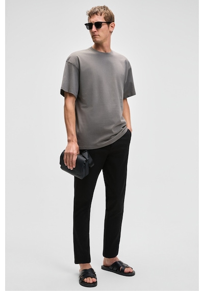 Grımelange FEON Erkek Oversize Geniş Kesim %100 Organik Pamuk Kalın Dokulu Yuvarlak Yaka Açık Gri T-Shirt