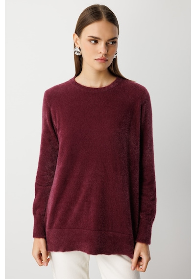 Mizalle Yuvarlak Yaka Oversize Yumuşak Dokulu Mürdüm Triko Kazak Mürdüm
