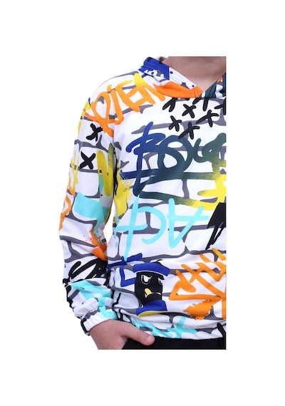 Fyk Kids Kapşonlu Desenli Unisex Sweatshirt Beyaz