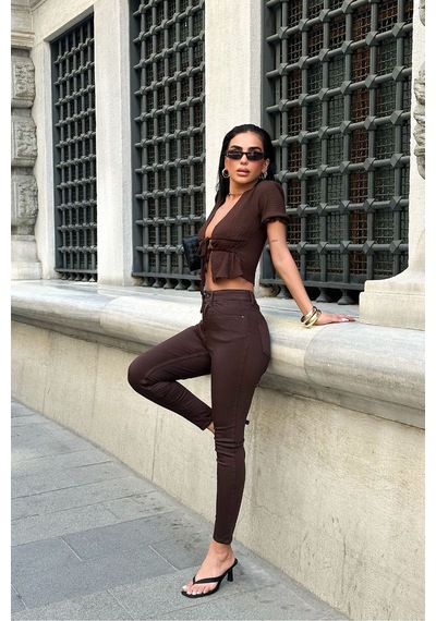 HLT Jeans Kadın Kahverengi Süper Skinny Fit Esnek Likralı Yüksek Bel Jean Kot Pantolon Jennie-2006