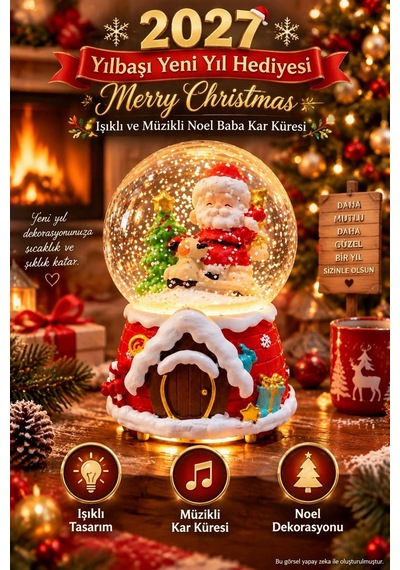 2027 Yılbaşı Yeni Yıl Hediyesi Işıklı Müzikli Noel Baba Yılbaşı Çam Ağacı Temalı Kar Küresi 13x8 Cm