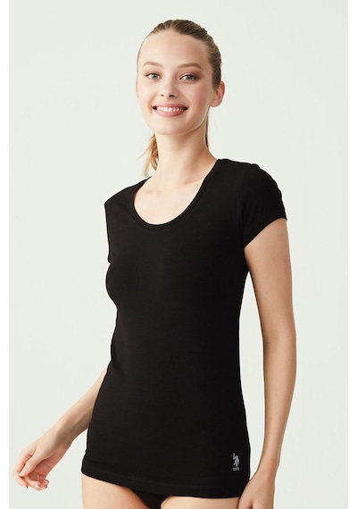 U.S. Polo Assn. Kadın Siyah Derin Yuvarlak Yaka T-Shirt 66003