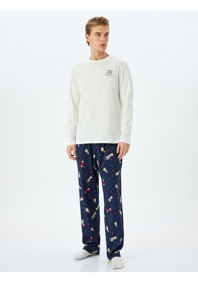 Koton Yılbaşı Temalı Uzun Kollu Örme Pijama Takımı Mavi Desenli 5wlm40035mk Mavi