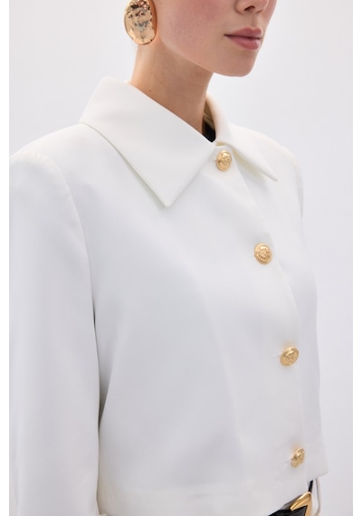 Sateen Düğmeli Kısa Ceket - Ekru-136591 Ekru
