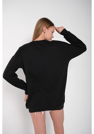 Startmore Kadın Gri Houston Baskılı Bisiklet Yaka Oversize Sweatshirt Mdgnhouston Siyah