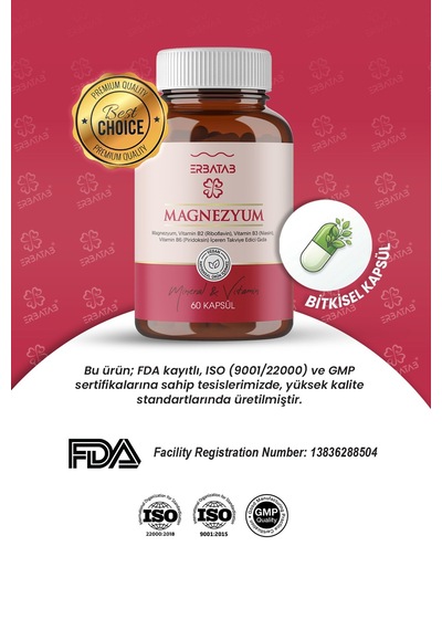 Erbatab Magnezyum Bisglisinat Sitrat Malat & Vitamin B2 B3 B6 3'lü Form 60 Kapsül