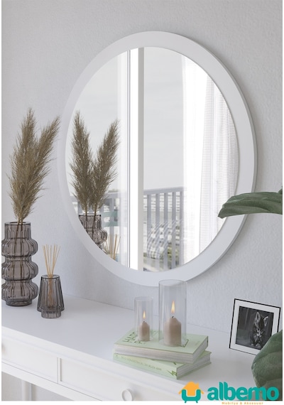 Usta Mekan Beyaz Ahşap Dekoratif Yuvarlak Antre Hol Koridor Duvar Salon Mutfak Banyo Wc Ofis Aynası 42 Cm