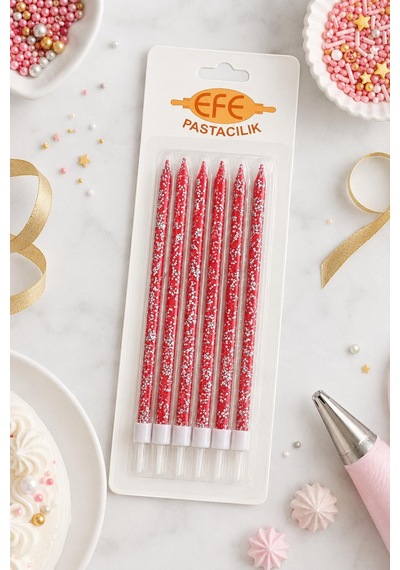 Kırmızı Gümüş Simli Uzun Pasta Mumu 17 Cm Karışık