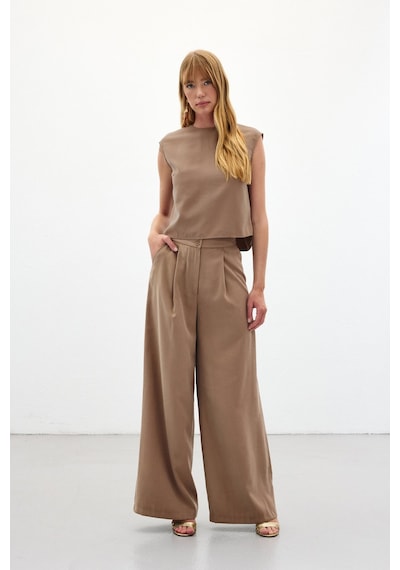 Sateen Geniş Paça Pantolon - Vizon-136452 Vizon