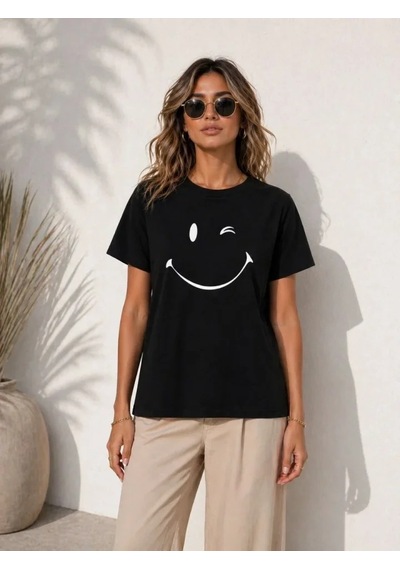 Valensdesign Minimal Gülümseyen Yüz Baskılı Tişört Kısa Kol Yazlık T-shirt - Siyah