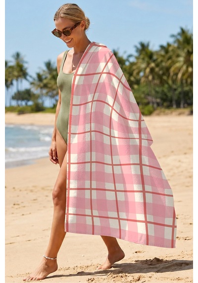 Pembe Ekose Kareli Plaj Havlusu-modern Picnic Stil Hızlı Kuruyan Mikrofiber Havlu Havuz Deniz Banyo Keten İncisi