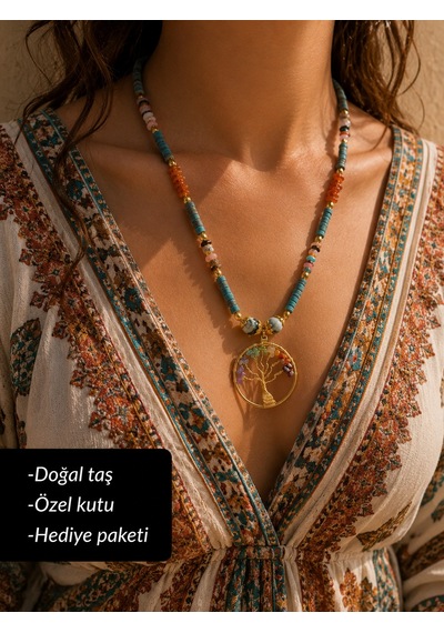 Doğal Taş Yaşam Ağacı Turkuaz Ve Renkli Doğal Taş Tasarım Kadın Kolye Çok renkli
