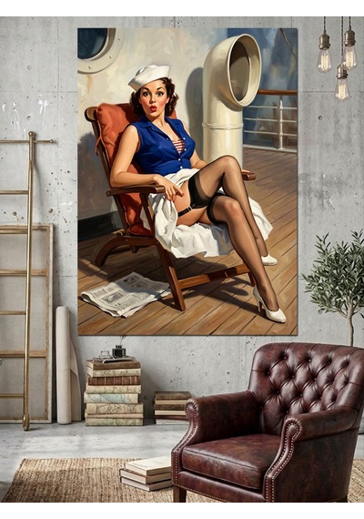 Gemide Şezlongda Oturan Pin-up Denizci Kadın Dekoratif Kanvas - Mdf Ahşap Tablo Çok Renkli