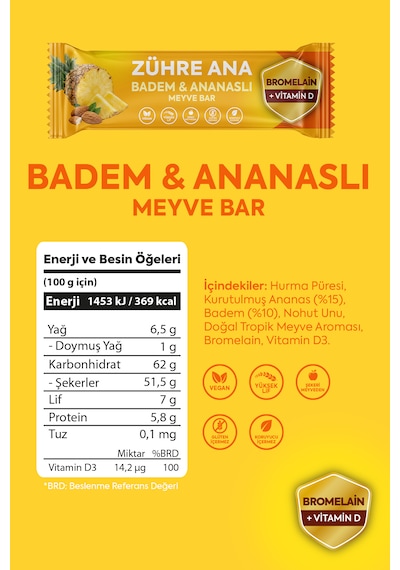 Bromelain Ve Vitamin D İçeren Meyve Bar, Şeker İlavesiz Badem Ve Ananaslı 35 Gr X 12 Adet