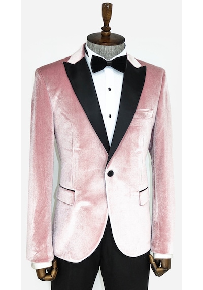 Wessi Kadife Slim Fit Tek Düğmeli Pembe Erkek Balo Ceket - Wessi Pembe