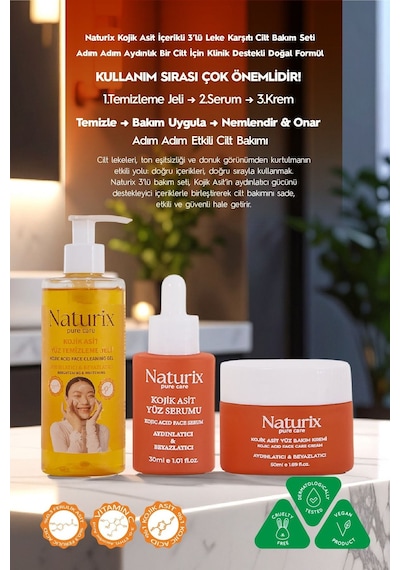 Naturix Kojik Asitli 3'lü Leke Karşıtı Bakım Seti Yüz Temizleme Jeli 250 Ml + Serum 30 Ml + Krem 50 Ml