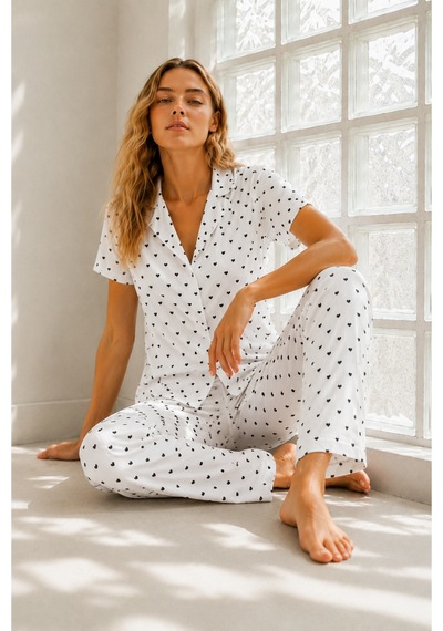 Kadın Genç Loose İpliği Boyalı Kar Beyaz Pijama Takımı