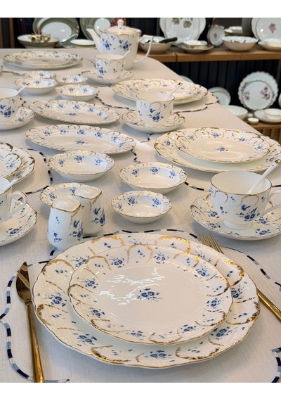 44 Parça Queen Blue Porselen Kahvaltı Takımı -6031 Beyaz