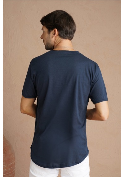 Cool Tarz Lacivert Erkek Oval Kesim Slim Fit Pis Yaka Salaş T-shirt Lacivert Lacivert