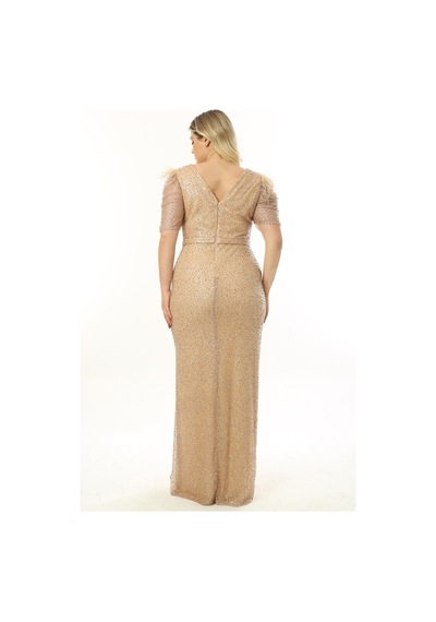 Ladies First Büyük Beden 3853 Bej Uzun Abiye Elbise 001